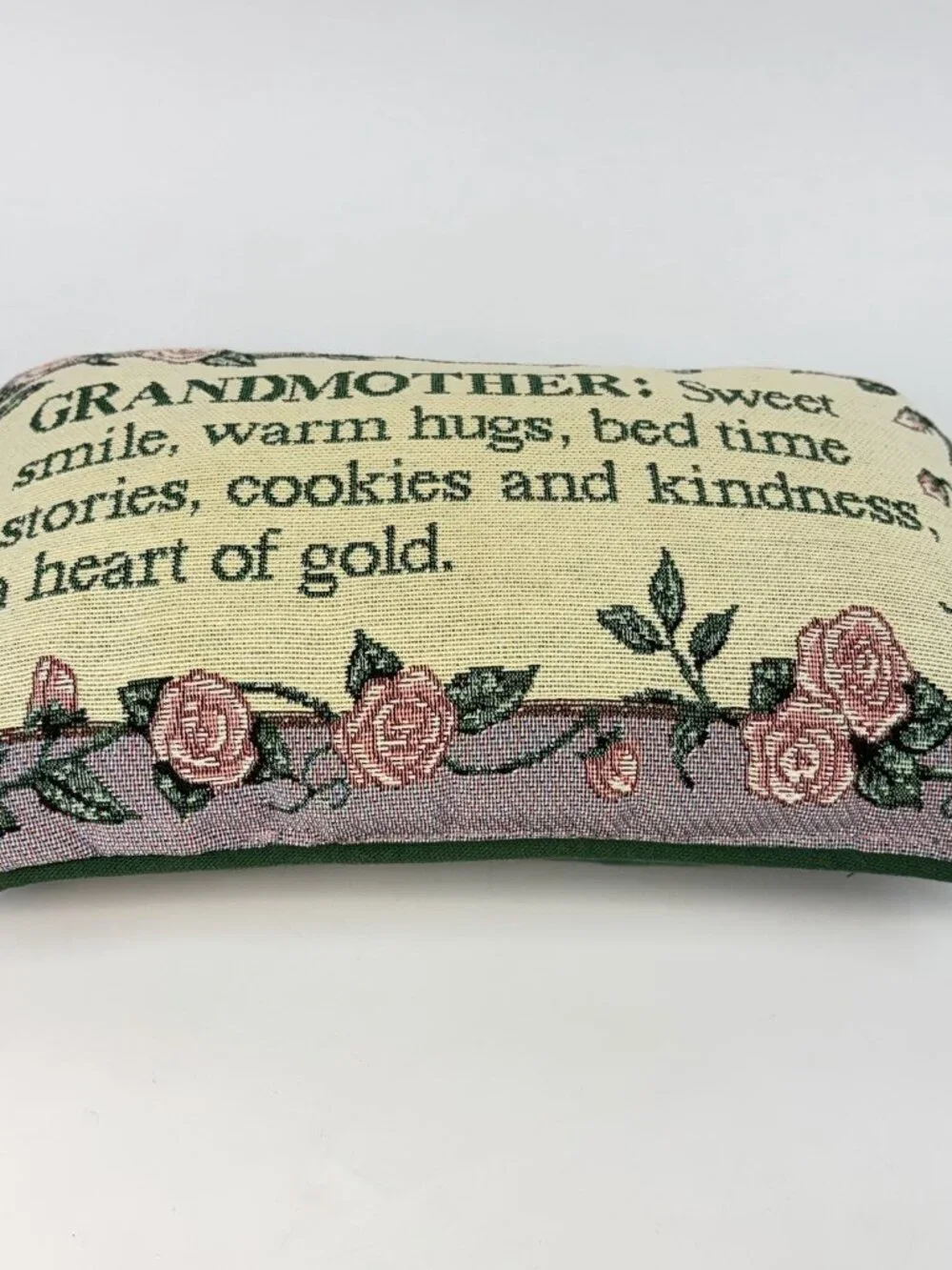 Tapestry Throw Pillow Grandmother Sweet Hugs Stories Cookies Roses Green VTG